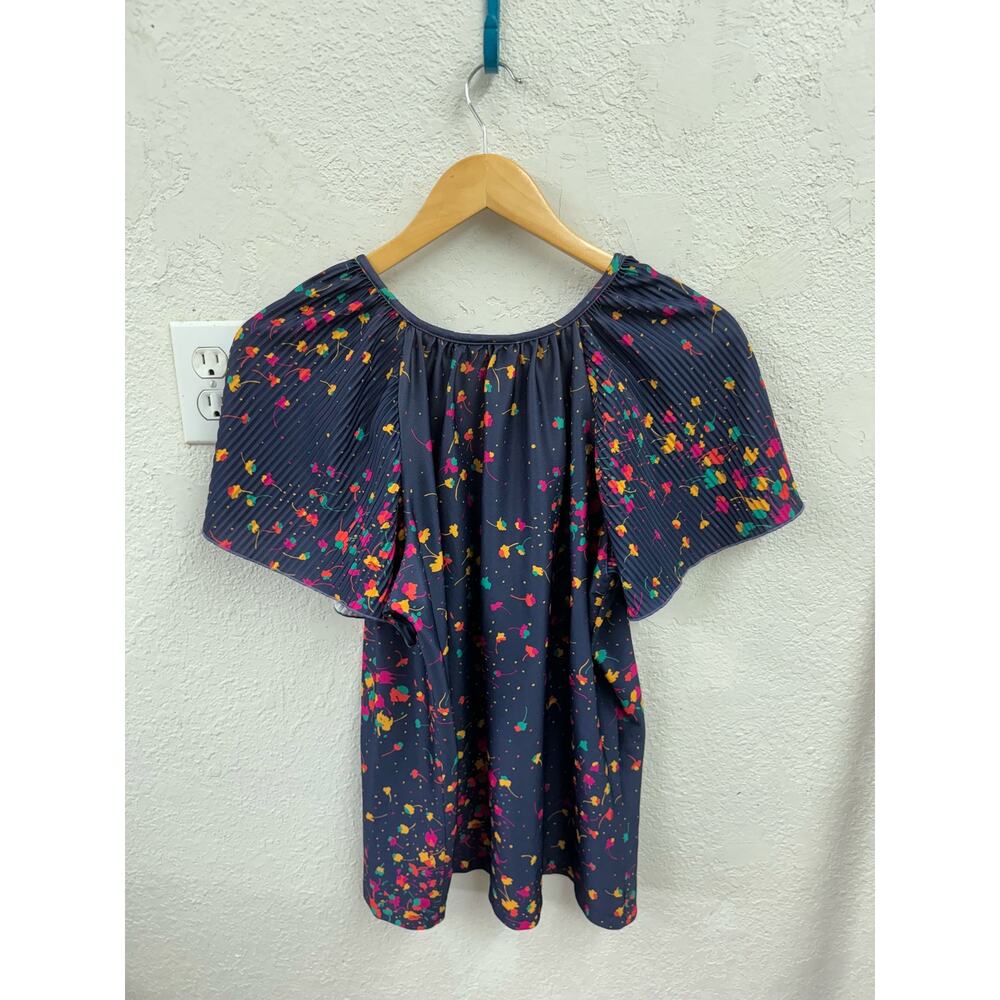 Vintage 1970s Navy Colorful Flutter Sleeve Top by California Prints Large